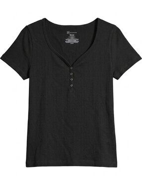 No Boundaries Black Ribbed Short Sleeve Snap Henley Top XL (15-17)